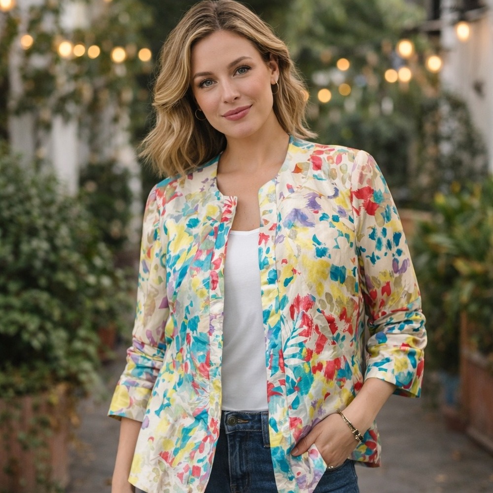 TanJay Women's Open Front Ruched Sleeve Blazer Floral Print Size 10